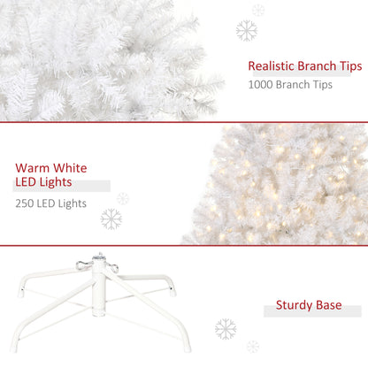HOMCOM 1,8 m hoher vorbeleuchteter Weihnachtsbaum Douglasie künstlicher Weihnachtsbaum mit realistischen Ästen, 250 warmweißen LED-Lichtern und 1000 Spitzen, weiß