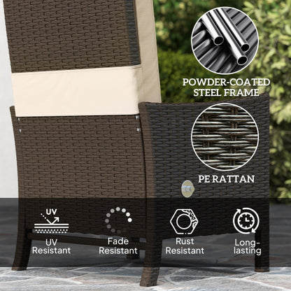 Outsunny 5-teiliges Rattan-Gartenmöbel-Set, Flechtpatio-Sofaset mit 2 Sesseln, 2 Fußschemeln, Couchtisch mit Glasplatte und Regal, Außenmöbel mit verstellbaren Rückenlehnen, Kissen, Khaki