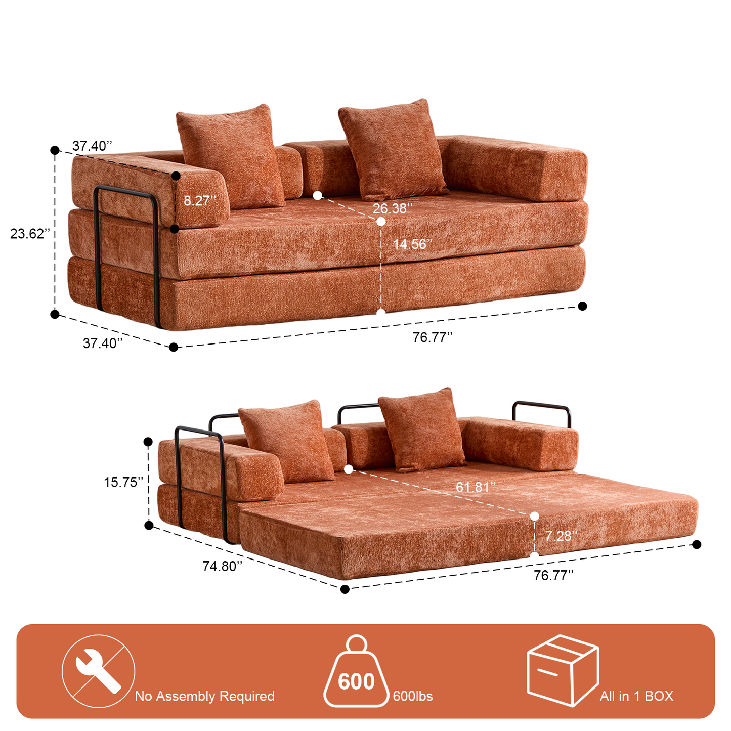 Boden-Couch, Kompressions-Sofa, Umwandelbares Boden-Sofa-Bett – mit Kissen-Rückenlehne und Armlehne, Bequeme Futon-Couch-Liege-Schlafsofa, Chenille-Stoff, für Wohnzimmer und Schlafzimmer, Orange