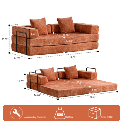 Boden-Couch, Kompressions-Sofa, Umwandelbares Boden-Sofa-Bett – mit Kissen-Rückenlehne und Armlehne, Bequeme Futon-Couch-Liege-Schlafsofa, Chenille-Stoff, für Wohnzimmer und Schlafzimmer, Orange