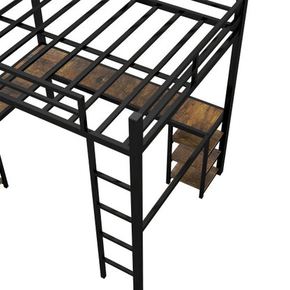Vollständiges XL Metall-Hochbett mit Schreibtisch und Regalen, Hochbett mit Leiter und Geländern, Hochbett-Rahmen für das Schlafzimmer, Schwarz