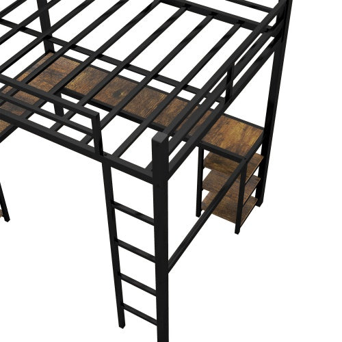 Vollständiges XL Metall-Hochbett mit Schreibtisch und Regalen, Hochbett mit Leiter und Geländern, Hochbett-Rahmen für das Schlafzimmer, Schwarz