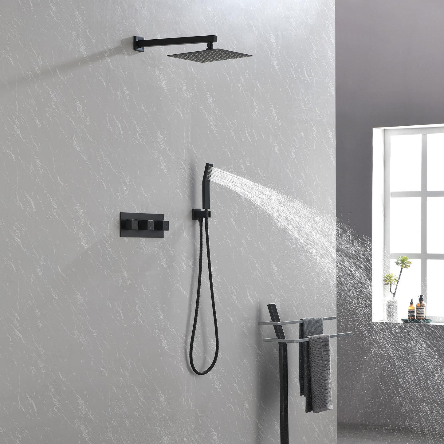 Messing Dusche Armatur in Mattschwarz mit Duschsystem, 10-Zoll-Duschkopf und Handbrause Badezimmer-Kombination