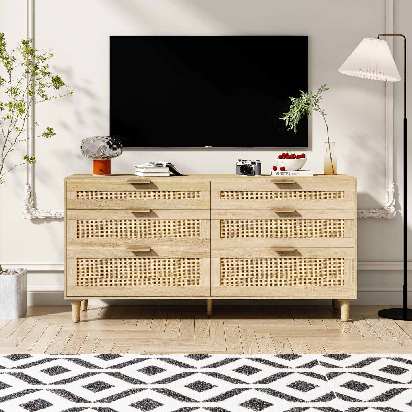 59 Rattan-Kommode mit Schubladen, 6-Schubladen-Kommode für das Schlafzimmer, Kleiderschrank für das Schlafzimmer, Metallgriff Holzbeine für Flur, Wohnzimmer, Schlafzimmer, natürlich