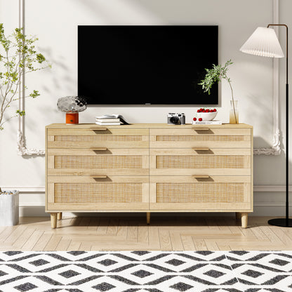 59 Rattan-Kommode mit Schubladen, 6-Schubladen-Kommode für das Schlafzimmer, Kleiderschrank für das Schlafzimmer, Metallgriff Holzbeine für Flur, Wohnzimmer, Schlafzimmer, natürlich