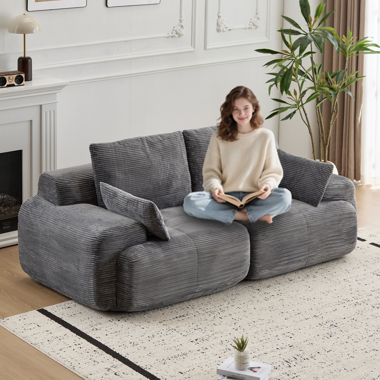 Moderne Kompressions-Memory-Schaum-Sofa, 2-Sitzer großes Sektionssofa für das Wohnzimmer, tierfreundliches Wolkenmodul-Sofa, Corduroy-Stoff, extra tiefe Sitzbank, keine Montage erforderlich, Grau