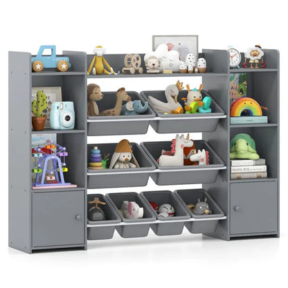 Grauer multifunktionaler Kinderspeicherregal - Spielzeugorganizer + Bücherregal, 142 cm x 30 cm x 99 cm, Umkippsicherung, Tragfähigkeit 120 kg