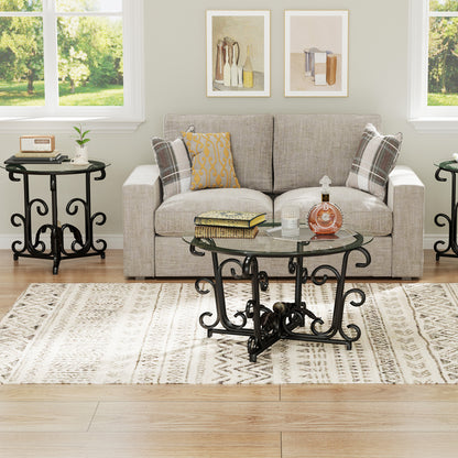 3-teiliges Couchtisch-Set, gehärtete Glasoberfläche mit robustem Metallrahmen – Moderne Wohnzimmer-Sets: 1 Couchtisch & 2 Beistelltische