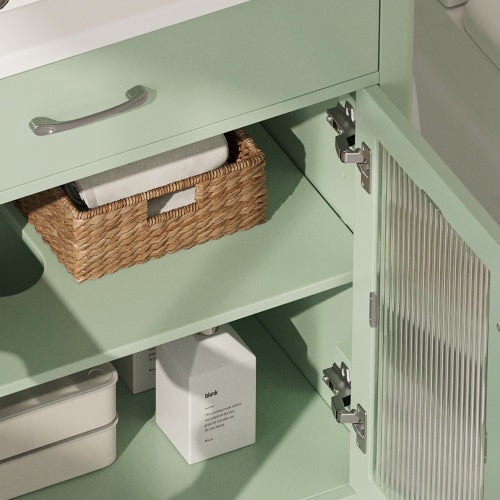 31-Zoll-Badwaschtisch mit gehärtetem Glas, moderner Badezimmerschrank mit Beinen aus Gummibaumholz und Schiebetüren mit Weichschließfunktion, Grün