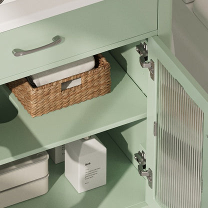 31-Zoll-Badwaschtisch mit gehärtetem Glas, moderner Badezimmerschrank mit Beinen aus Gummibaumholz und Schiebetüren mit Weichschließfunktion, Grün