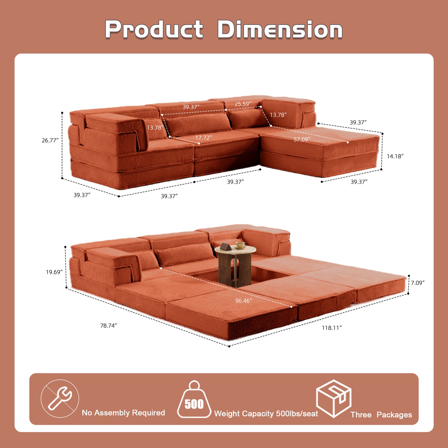 Kompressions-Mahjong-Sofa, Umwandelbares Boden-Sofabett, DIY Knochenloses Modulares Sektionssofa, Keine Montage Erforderlich, Kreisförmiger Fleece-Stoff, Überdimensioniertes 3-Sitzer-Sofa mit 1 Hocker, Orange