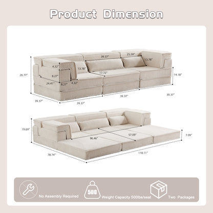 Kompressions-Mahjong-Sofa, umklappbares Boden-Sofabett, DIY knochenloses modulares Sektionssofa, keine Montage erforderlich, Kreis-Fleece-Stoff, überdimensioniertes 3-Sitzer-Sofa mit 3 Kissen, Weiß