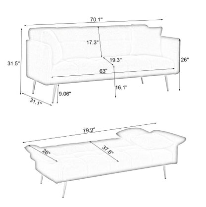 70.1 Futon-Sofabett, Umwandelbares Doppelsofabett mit Klappbaren Armlehnen für Wohnzimmer und kleine Räume