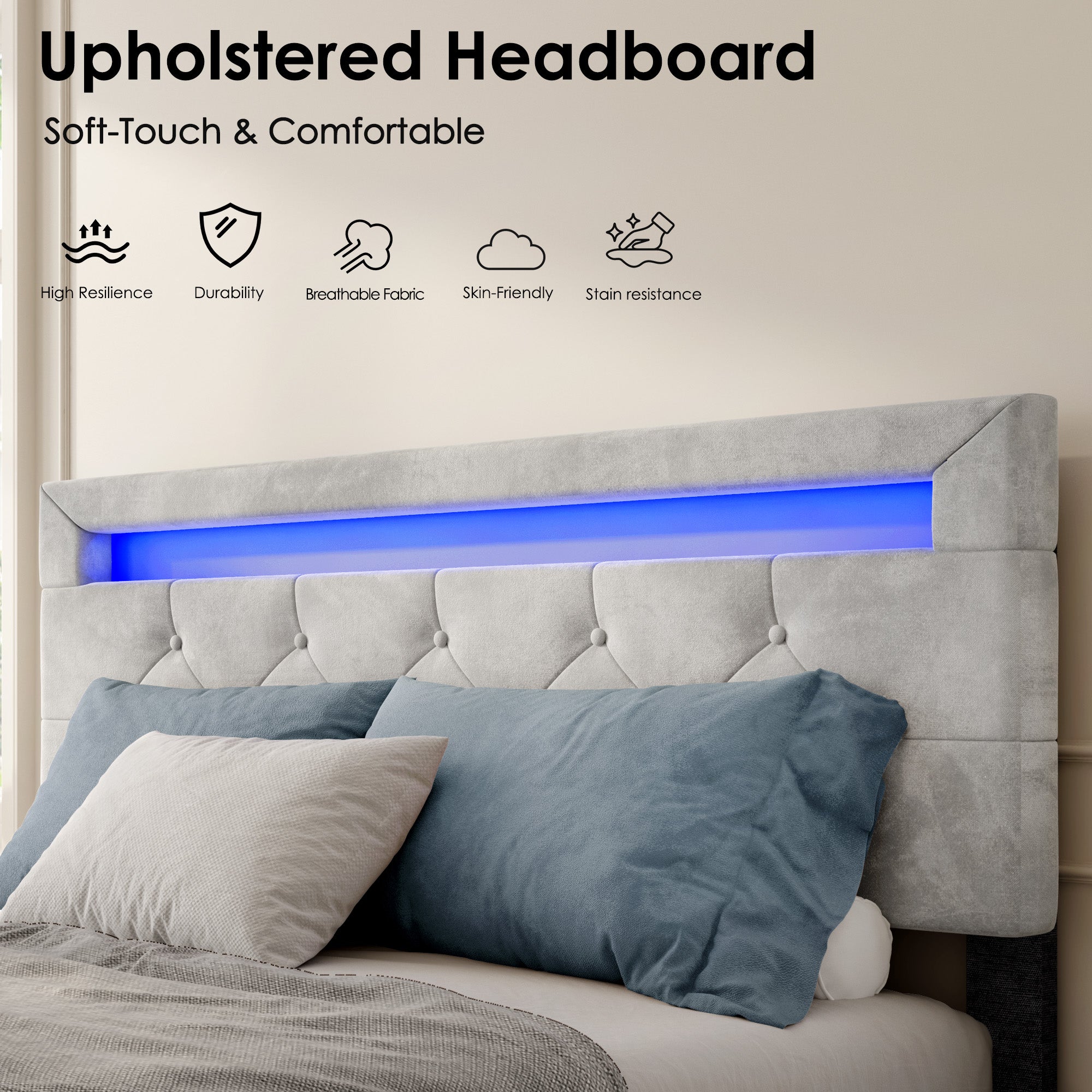 Gepolstertes Plattform-Staubett mit 4 Schubladen und LED-Beleuchtung, Kein Federgitter erforderlich