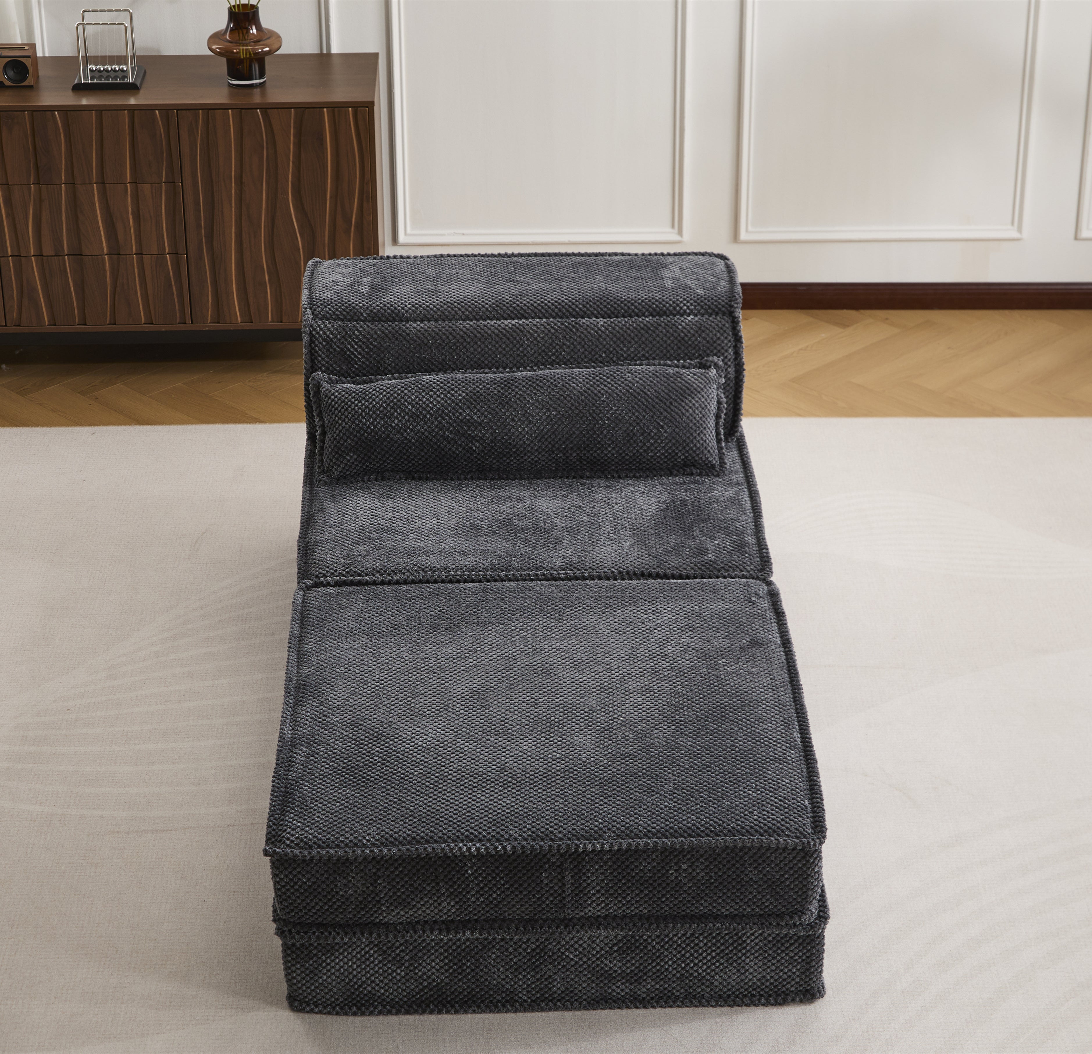 Kompressions-Mahjong-Sofa, Umwandelbares Boden-Sofabett, DIY Knochenloses Modulares Sektionalsofa, Keine Montage Erforderlich, Kreisförmiger Fleece-Stoff, Überdimensionierter Einzel-Sitzer mit 1 Kissen und 1 Hocker, Dunkelgrau