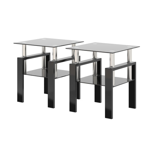 Set aus 2, Modernes Temperglas-Teetisch Couchtisch Beistelltisch, Quadratischer Tisch für das Wohnzimmer, Schwarz