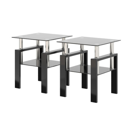 Set aus 2, Modernes Temperglas-Teetisch Couchtisch Beistelltisch, Quadratischer Tisch für das Wohnzimmer, Schwarz