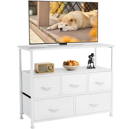 Kommode für das Schlafzimmer, Schubladenschrank, 5-Schubladen-Kommode, Kleiderschrank-Stoffkommode mit Metallrahmen TV-Ständer