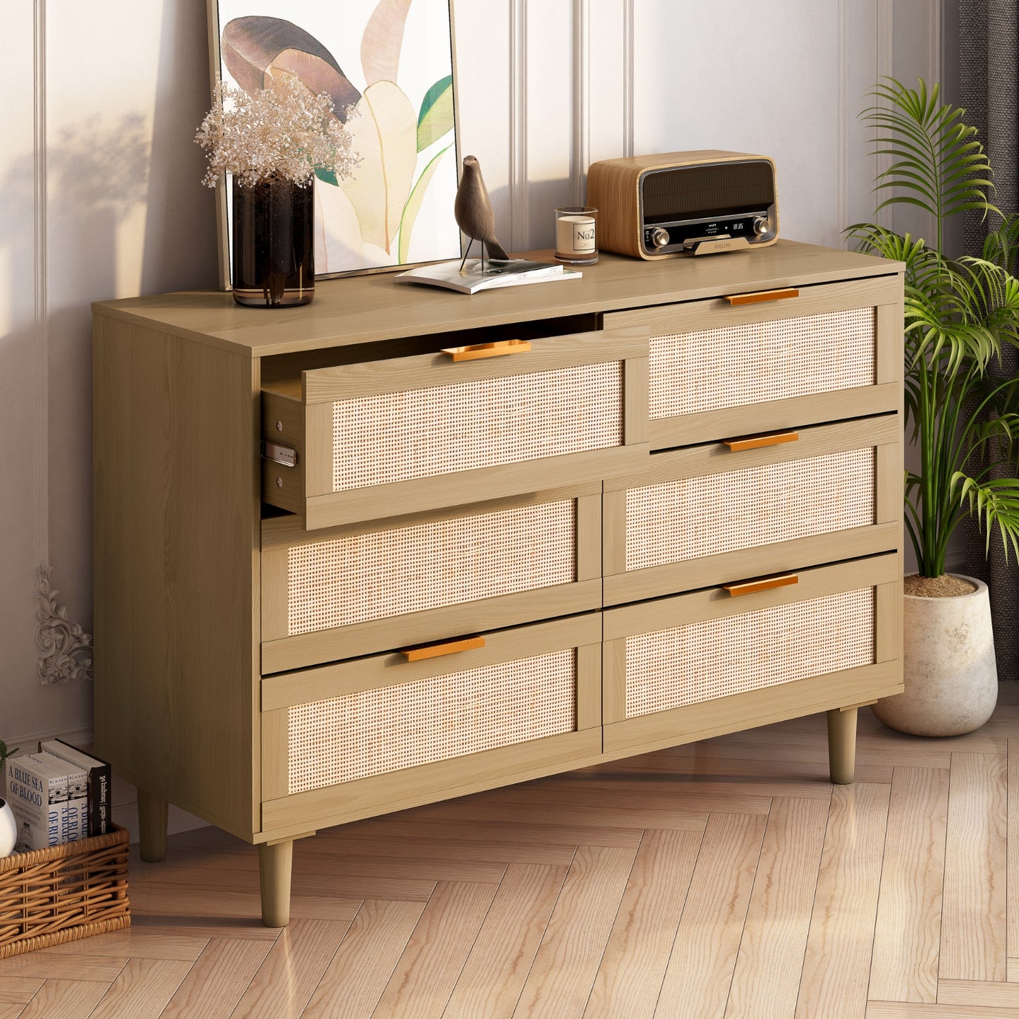 6-Schubladen-Rattan-Kommode Rattan-Schublade, Schlafzimmer, Wohnzimmer