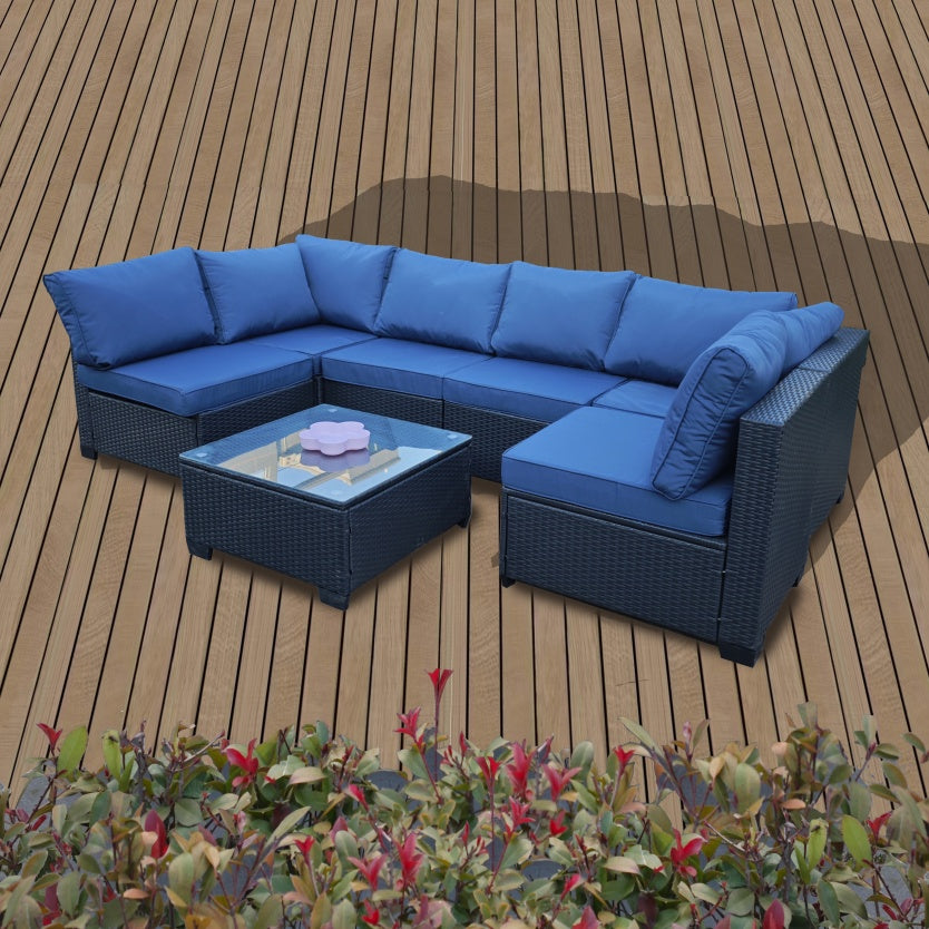 Siebenteiliges Sofaset mit Tisch und Sessel, Schwarz, PE-Rattan, Außenmöbel 7-JH001, Karton 3-1-2-3 mit blauen Sitzkissen