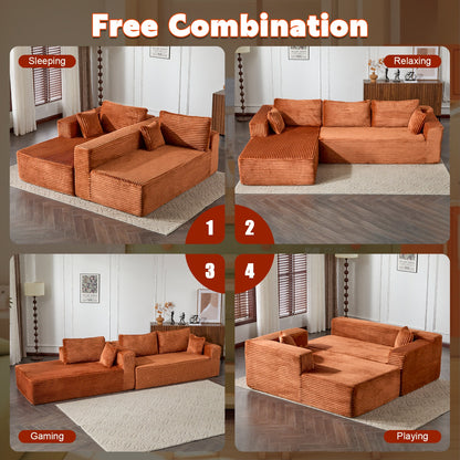 Kompressions-Sitzgruppen-Sofa mit bequemer Chaise, knochenloses L-förmiges Sofa mit tiefer Sitzfläche, minimalistisches modulares Schlafsofa für Wohnzimmer, Schlafzimmer, Apartment und Lounge, Corduroy, Braun