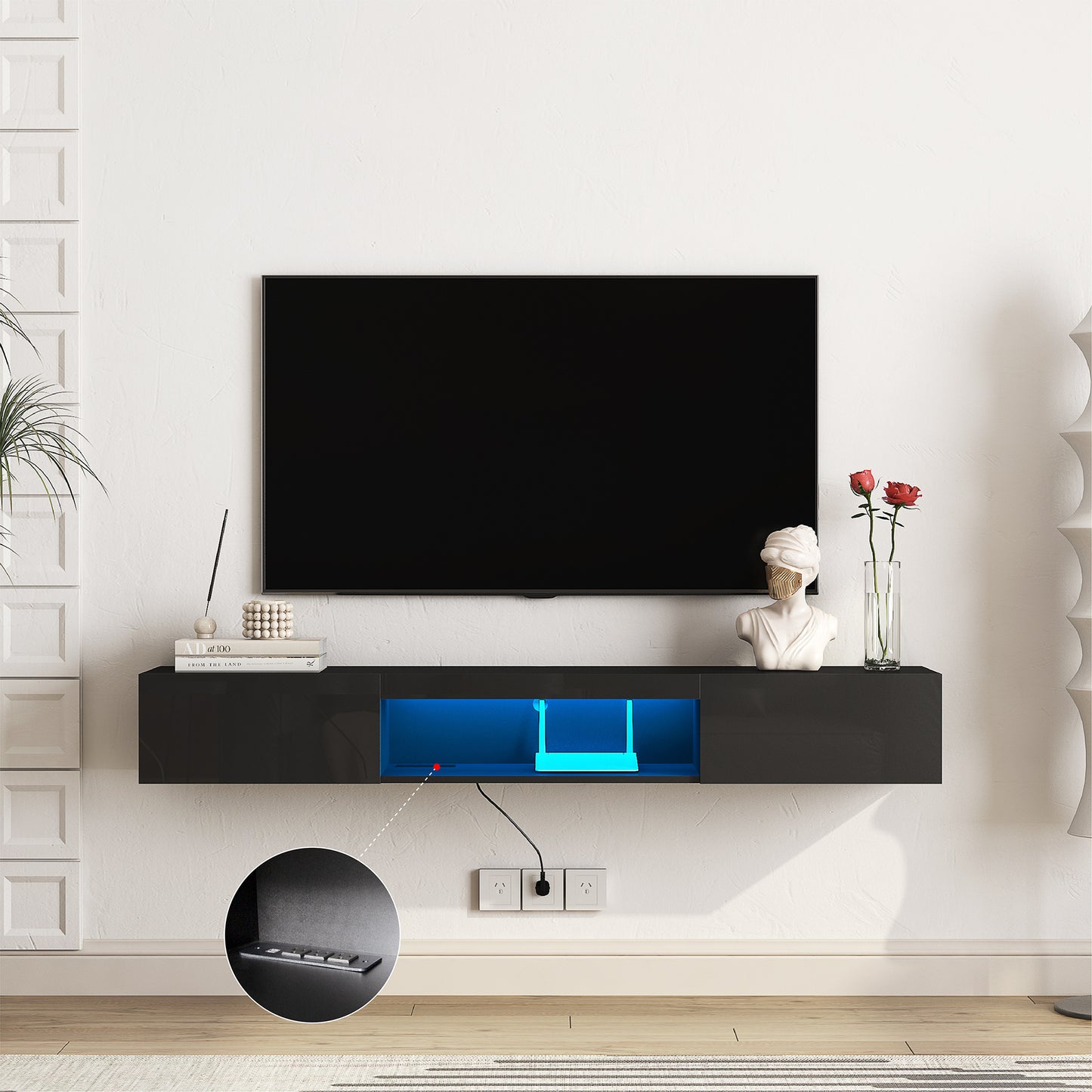 Schwebender TV-Ständer Wandmontiert mit 16-farbigen LEDs Moderner TV-Ständer, Schwebender TV-Schrank Entertainment-Center für 55 60 65 Zoll TV, Schwarz