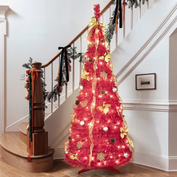 6FT Roter Aufstell-Weihnachtsbaum mit 150 warmweißen LED-Lichtern, Zubehör enthalten – 4 Bänder, Schleife, Blumen, Schneeflocken, Kiefernzapfen & Kugeln – Einfache Montage & platzsparende Weihnachtsdekoration