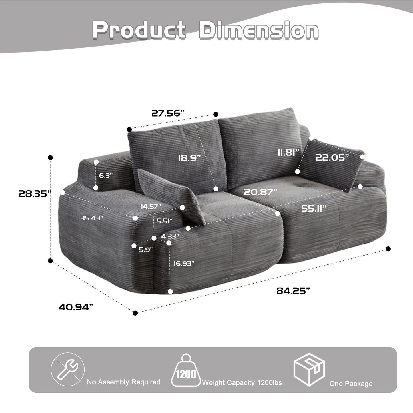 Moderne Kompressions-Memory-Schaum-Sofa, 2-Sitzer großes Sektionssofa für das Wohnzimmer, tierfreundliches Wolkenmodul-Sofa, Corduroy-Stoff, extra tiefe Sitzbank, keine Montage erforderlich, Grau
