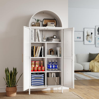 Weißer Küchen-Vorratsschrank, Gebogener Stauraumschrank mit Türen und einstellbaren Regalen, Hoher freistehender Schrank für Wäscheraum, Esszimmer, Wohnzimmer, Badezimmer