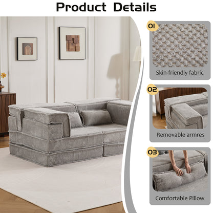 Kompressions-Mahjong-Sofa, umklappbares Boden-Sofabett, DIY knochenloses modulares Sektionssofa, keine Montage erforderlich, kreisförmiger Fleece-Stoff, modernes überdimensioniertes Zweiersofa, Hellgrau