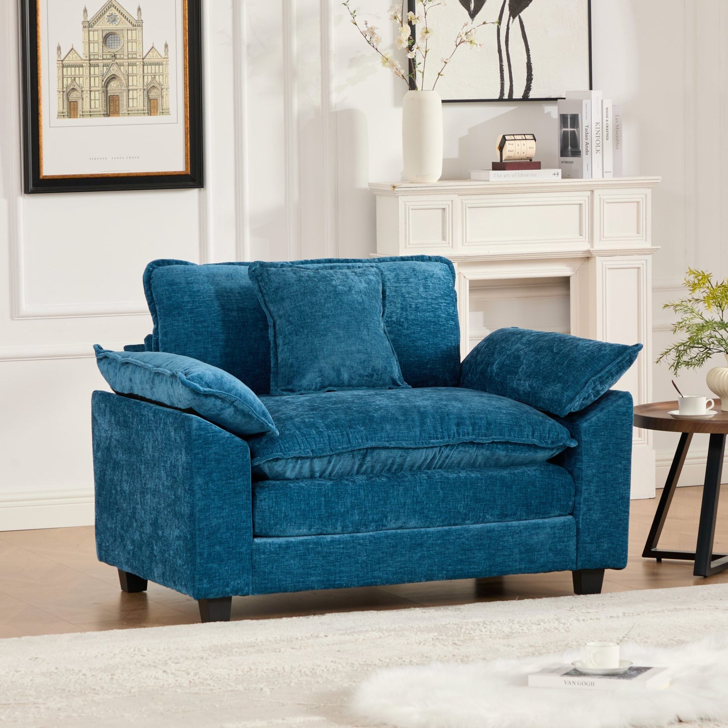Cloud-Sofa Einzelplatz Ottoman nicht enthalten, modernes Ecksofa, für Wohnzimmer, Schlafzimmer und Wohnung, bequeme zweischichtige gepolsterte Sitzkissen, atmungsaktiver Chenille-Stoff, Blau, SW5041BL