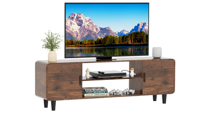 TV-Ständer für 55-Zoll-Fernseher, Medienmöbel mit Stauraumschränken, Tür mit weichem Scharnier und Griff, Medientisch für Wohnzimmer und Schlafzimmer, rustikal braun