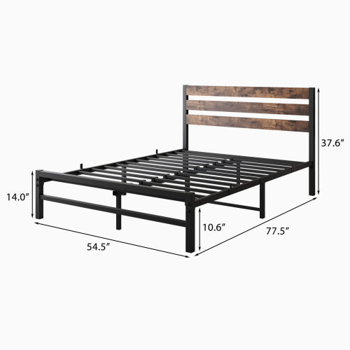Vollgrößiges Plattform-Bettgestell mit rustikalem Vintage-Holz-Kopfteil, starke Metallleisten stützen die Matratzenunterlage, keine Boxspring-Federkern erforderlich, rustikales Braun