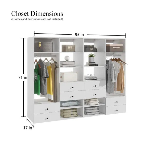 Schrankorganisationssystem, Wandmontierter Schrankaufbewahrungsbereich mit Schubladen und Regalen, Schrankaufbewahrung für das Schlafzimmer, Weiß