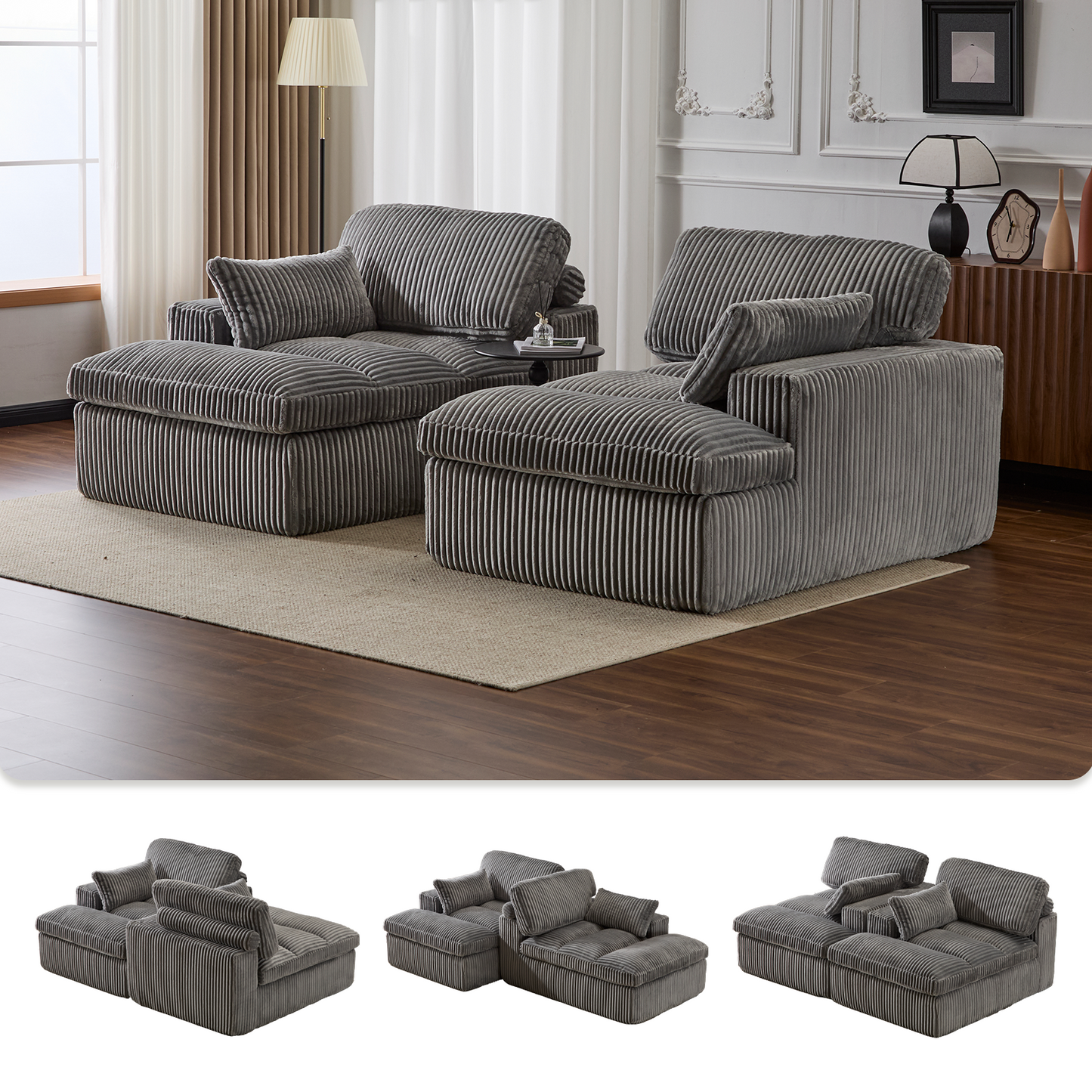 Doppel-Liegestuhl für Innenräume, Überdimensionierter Bezogener Schlafsessel Wolken-Couch, Tief Sitzender Luxus-Sofabett, Sektionale Sofa-Liegestuhl Liebes-Sitz, Corduroy Lesesessel für das Wohnzimmer, Keine Montage erforderlich, Grau