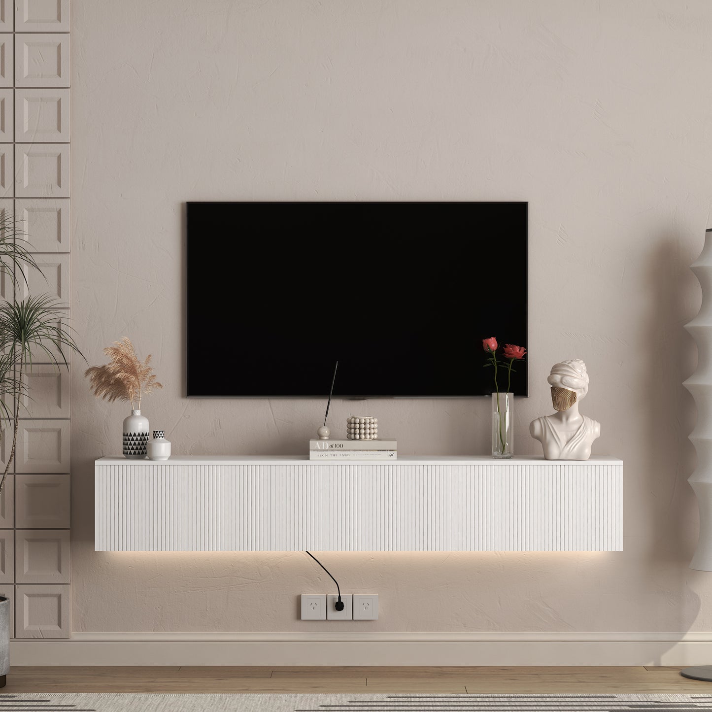 Schwebender TV-Ständer Wandmontiert mit 16-farbigen LEDs, Moderner TV-Ständer, Schwebender TV-Schrank Entertainment-Center für 55 60 65 Zoll TV