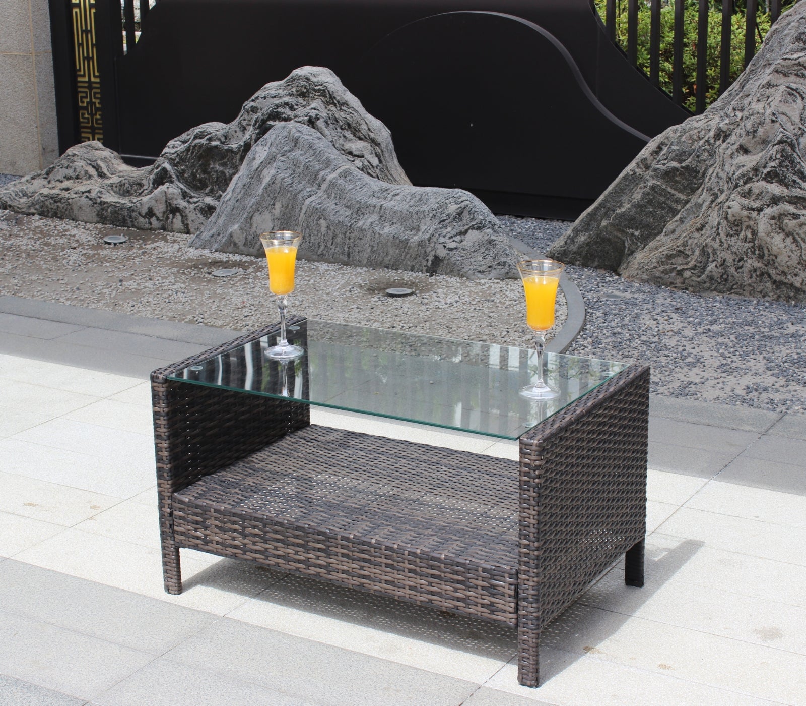 Brown Iron Coffee Table Tempered Glass Patio