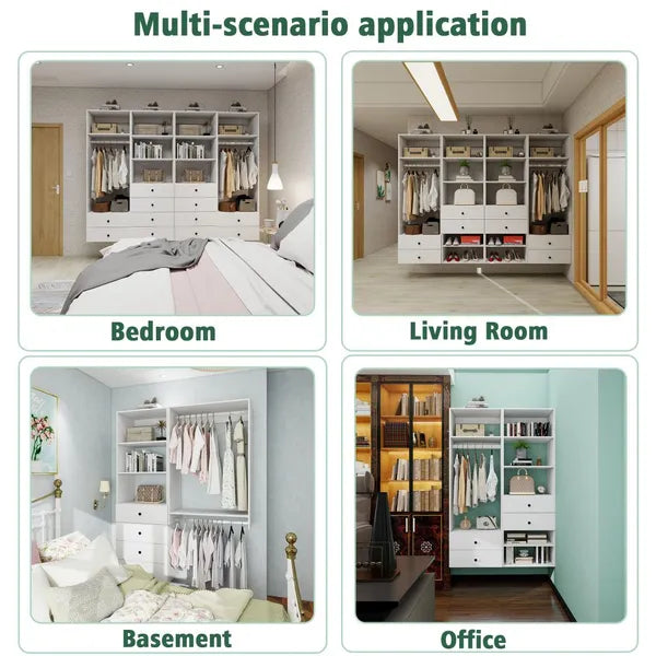 Schrankorganisationssystem, Wandmontierter Schrankaufbewahrungsbereich mit Schubladen und Regalen, Schrankaufbewahrung für das Schlafzimmer, Weiß