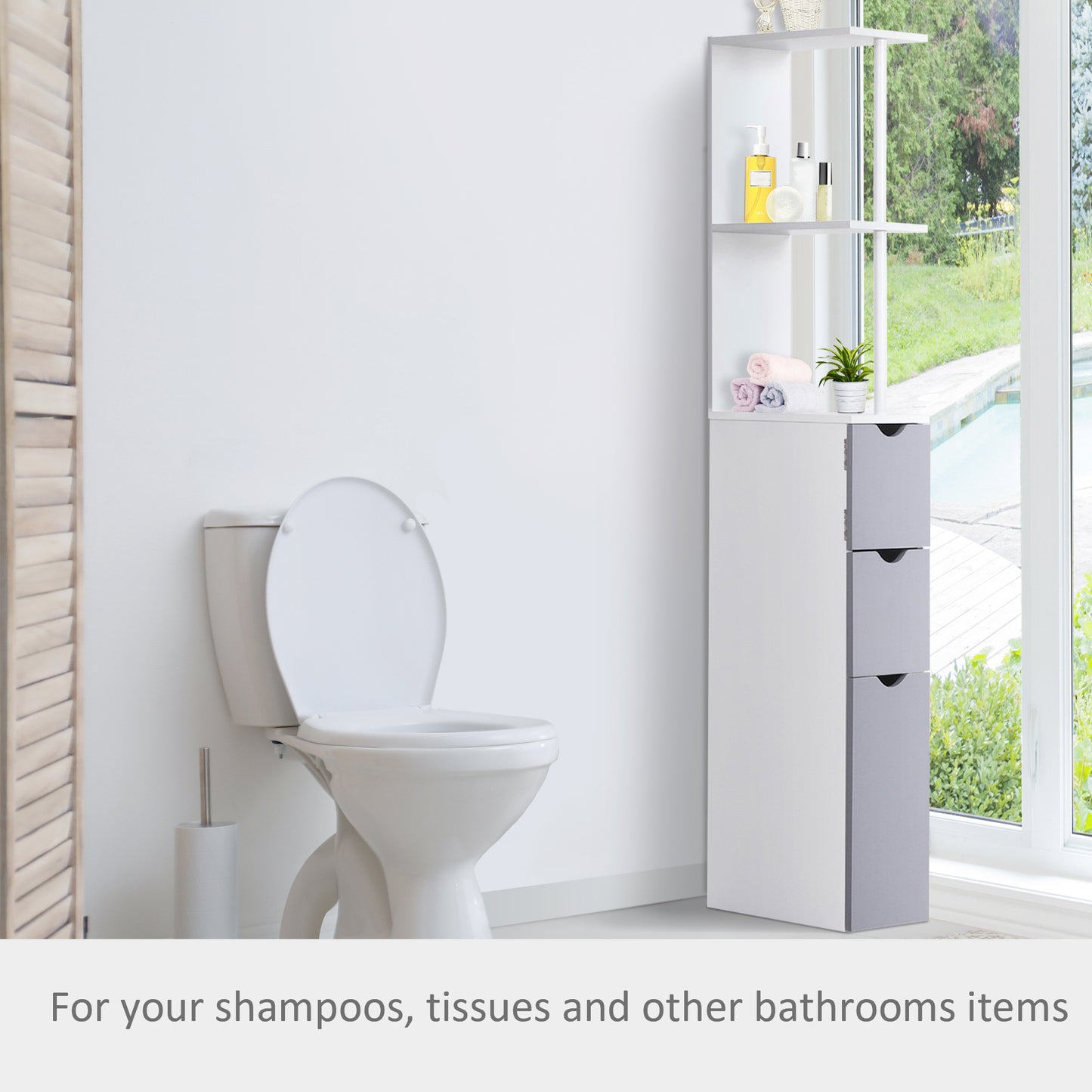 55  Tall Bathroom Cabinets, Narrow Storage Cabinet Freestanding Linen Tower With 2 Tier Shelf And Drawers, White