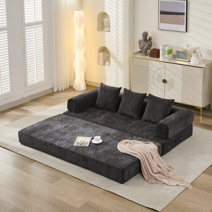 Komfortables umklappbares Matratzen-Sofabett, Boden-Sofabett, Chenille-Boden-Sofa mit Armlehne, Boden-Sofa-Lounge-Couch für Wohnzimmer, Schlafzimmer, Lounge und Studio – Schwarz