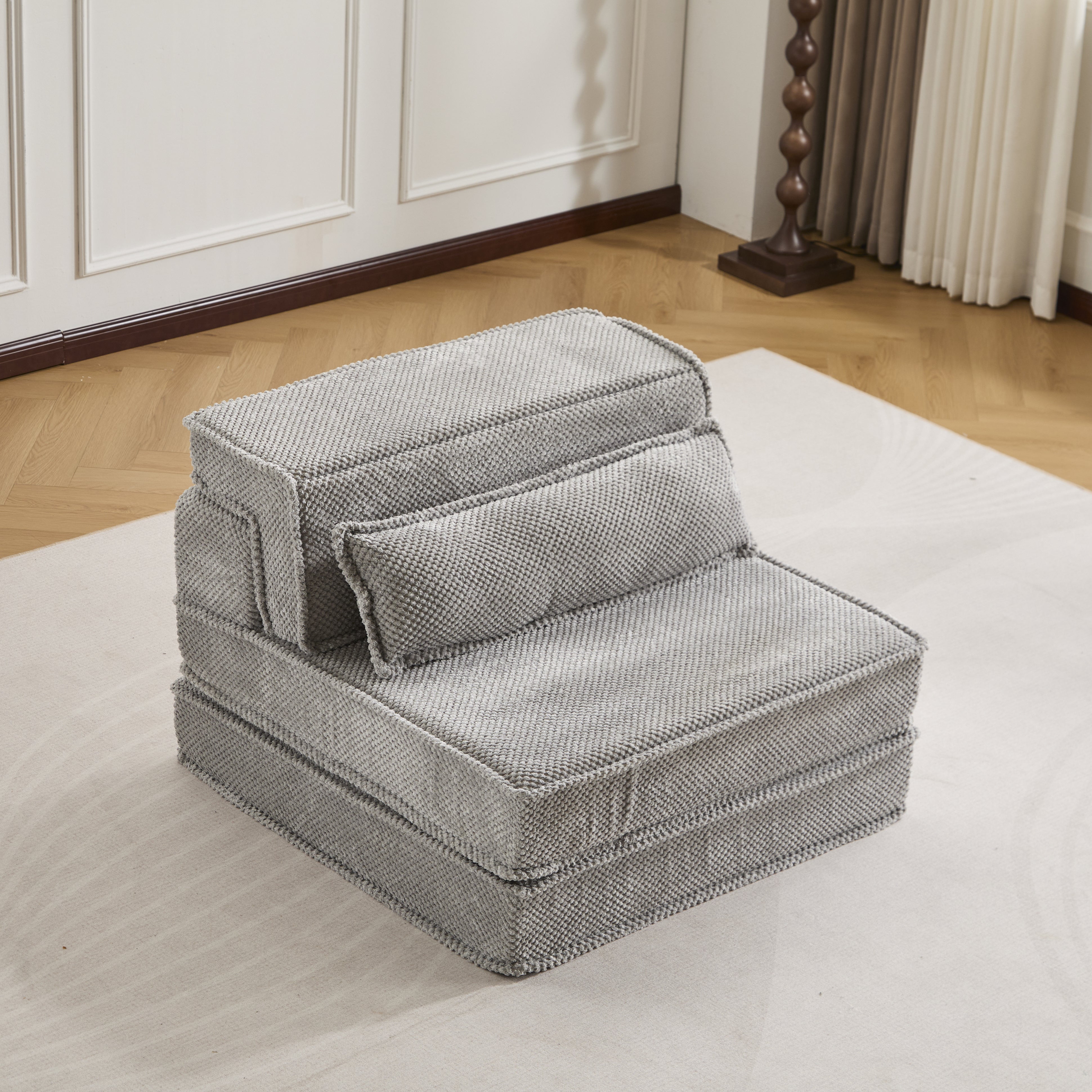 Kompressions-Mahjong-Sofa, Umwandelbares Boden-Sofabett, DIY Knochenloses Modulares Sektionalsofa, Keine Montage erforderlich, Kreisförmiger Fleece-Stoff, Überdimensioniertes Einzelsofa mit 1 Kissen, Hellgrau