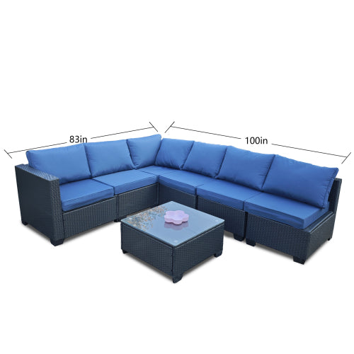 Siebenteiliges Sofaset mit Tisch und Sessel, Schwarz, PE-Rattan, Außenmöbel 7-JH001, Karton 3-1-2-3 mit blauen Sitzkissen