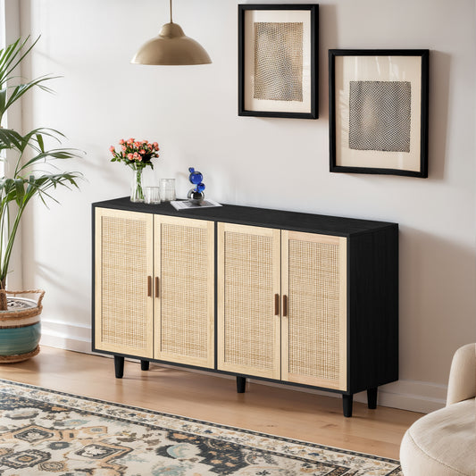 62,20 Elegantes und funktionales 4-Türenschrank aus Rattan für dekorative Aufbewahrung, für Schlafzimmer, Wohnzimmer, Büro, einfache Montage, Schwarz