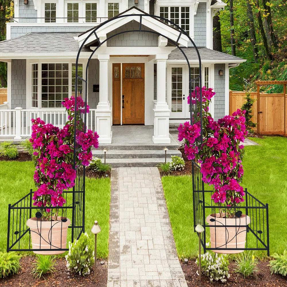 Metall-Gartenbogen mit zwei Pflanzenständern 79,5'' breit x 86,6'' hoch Kletterpflanzenstütze Rosenbogen für draußen schwarz