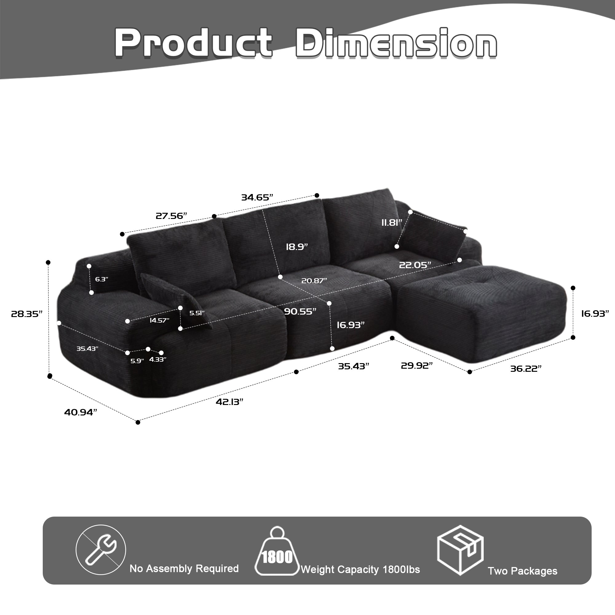 Moderne Kompressions-Memory-Schaum-Sofa, Große Ecksofas für das Wohnzimmer, Haustierfreundliches Wolkenmodulares Ecksofa, Kordstoff, Extra Tiefes Zweiersofa, Keine Montage erforderlich, Schwarz