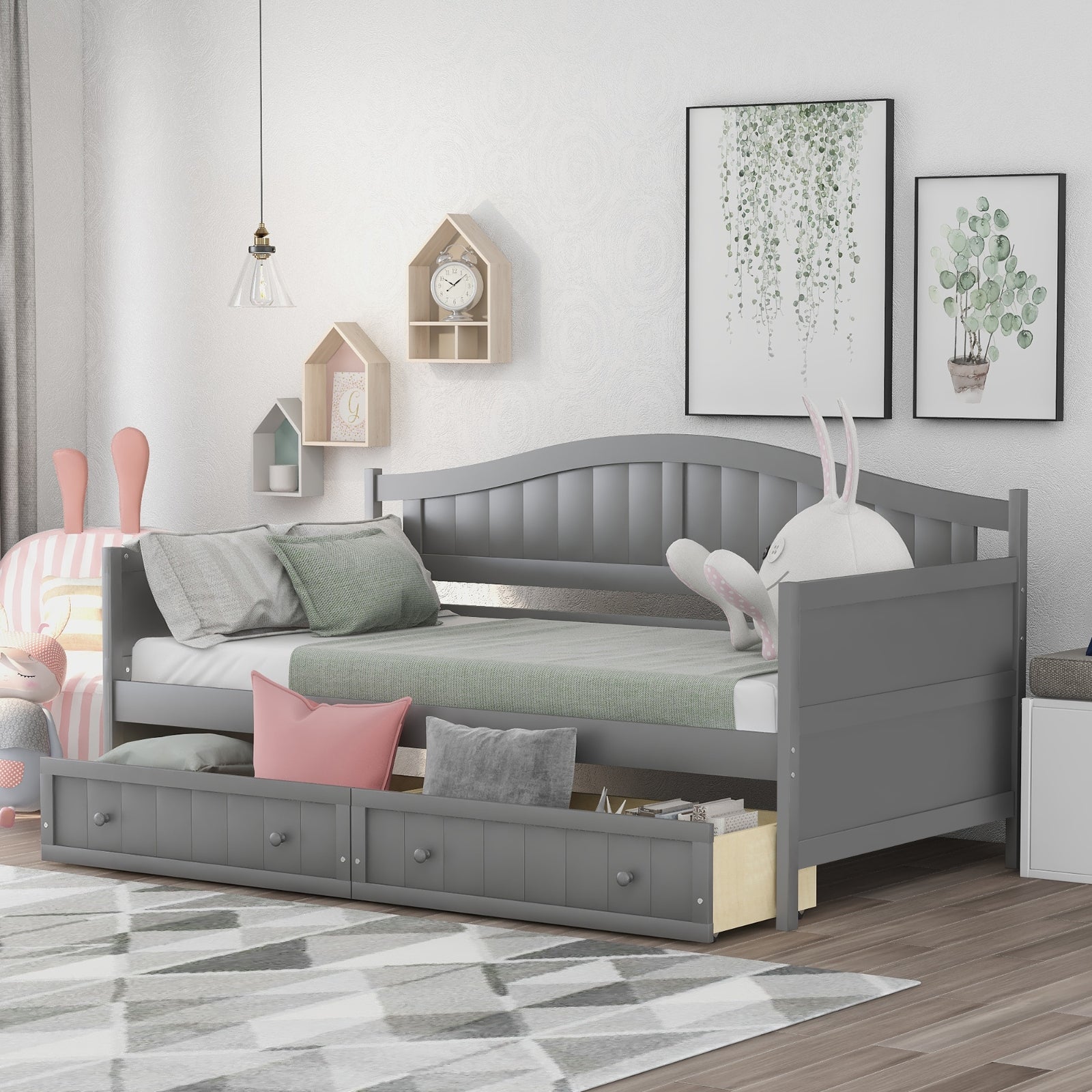 Gray Wooden Daybed Drawers