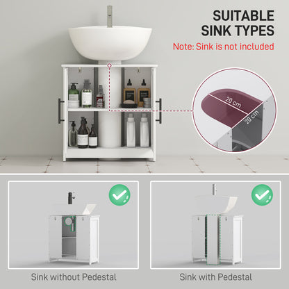 Bauernhaus-Piedestal-Waschbecken-Schrank, Badezimmer-Waschbecken-Schrank mit 2 Scheunentüren und einstellbarem Regal, Weiß