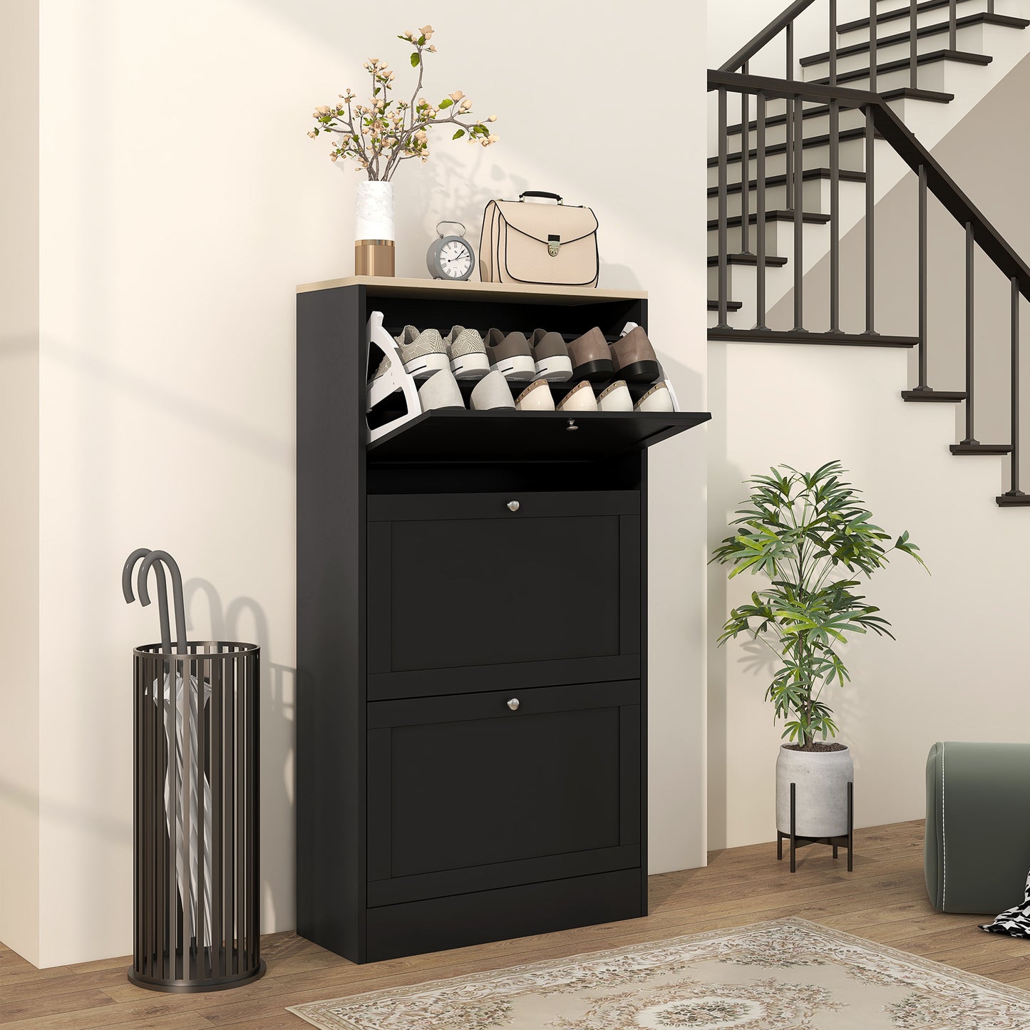 Modern Shoe Storage Cabinet with 3 Flip Drawers and Adjustable Shelves for 12-18 Pairs of Shoes
