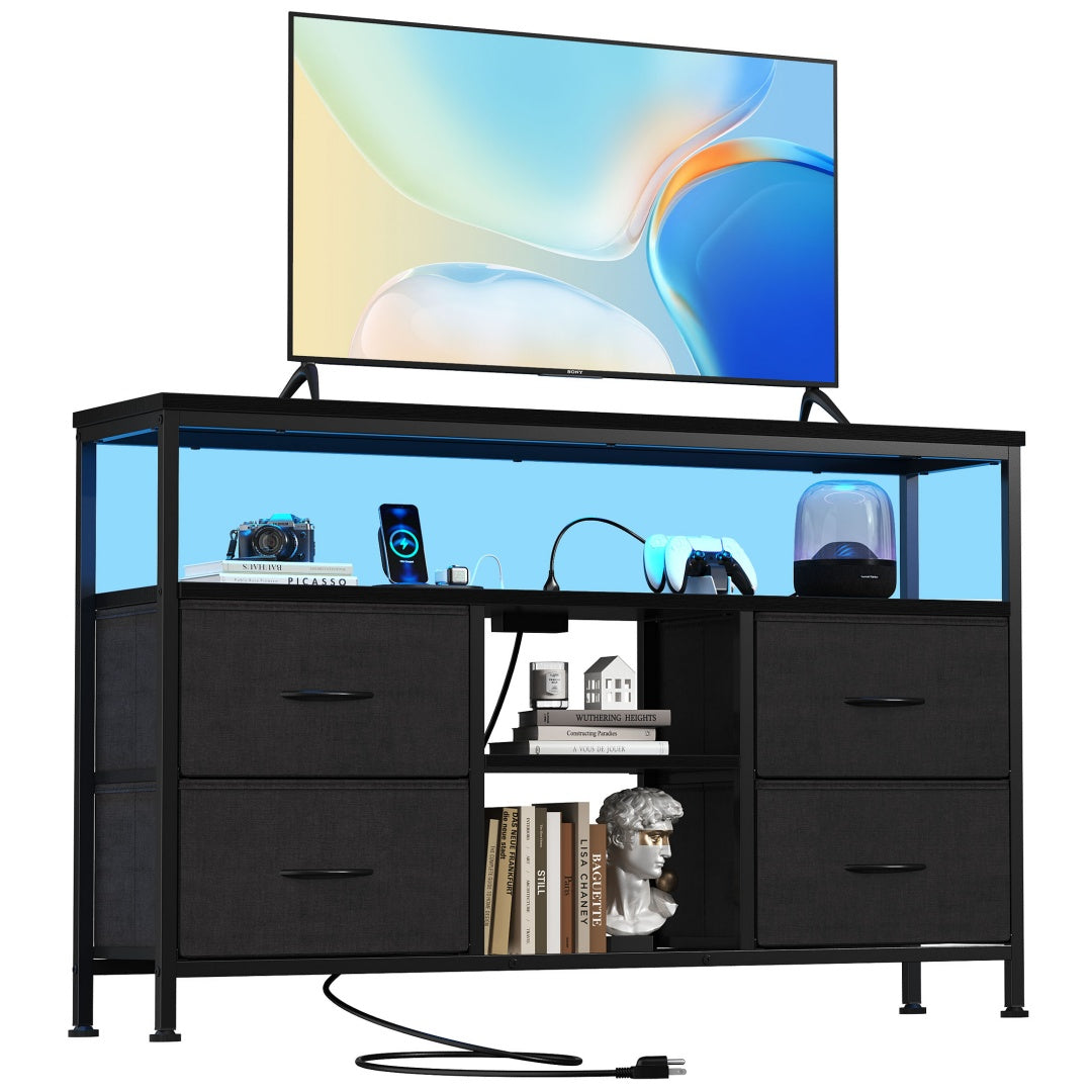 TV-Ständer, 4 Schubladen, mit LED-Lichtern und Stromsteckdosen, Möbel für das Wohnzimmer für 50-Zoll-Fernseher, mit offenen Regalen und verstellbaren Füßen
