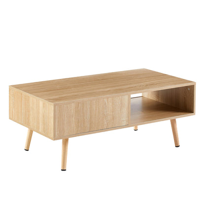 41.34 Inch Rattan Coffee Table, Sliding Door For Storage, Solid Wood Legs, Modern Living Room Table, Natural